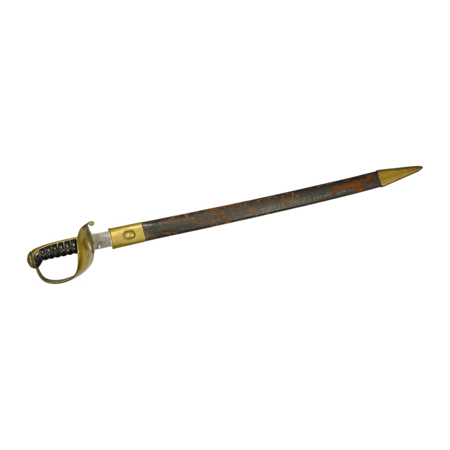 A late 19th century boarding cutlass with plain blade, plain brass guards and mounts, and leather covered grip, in its brass mounted leather scabbard (the chape is an associated replacement). Condition - fair